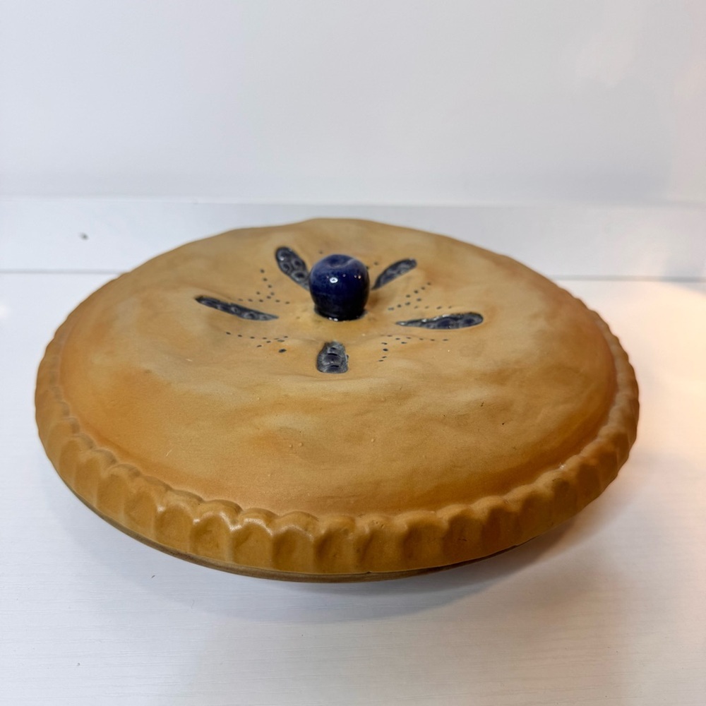 Vintage Handcrafted Ceramic Pie Dish with Lid - Tan and Blue